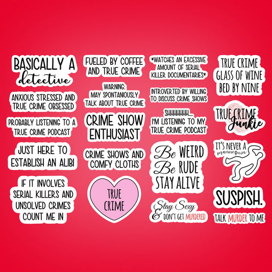 True crime sticker pack, True crime stickers, Crime Junkie, SSDGM, True crime podcast stickers, laptop stickers, water bottle decal, tumbler