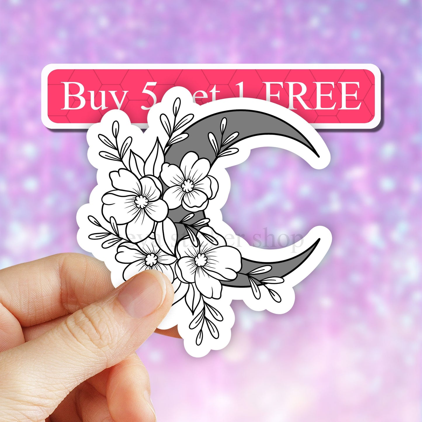 Floral Moon Sticker, Cute vinyl stickers, Boho Moon Flowers sticker, Celestial crescent Moon sticker, Witchy sticker, moon phase sticker