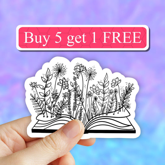 black book flower sticker, wildflowers book sticker, reading stickers, floral book stickers, read more books, laptop stickers, computer