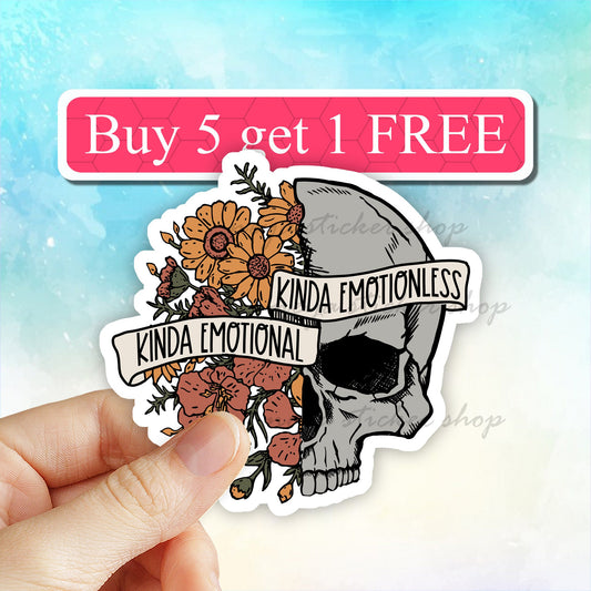Kinda Emotional Emotionless Sticker, Flower Skull sticker, Motivational stickers, funny meme Skeleton sticker, Dead Inside, laptop sticker