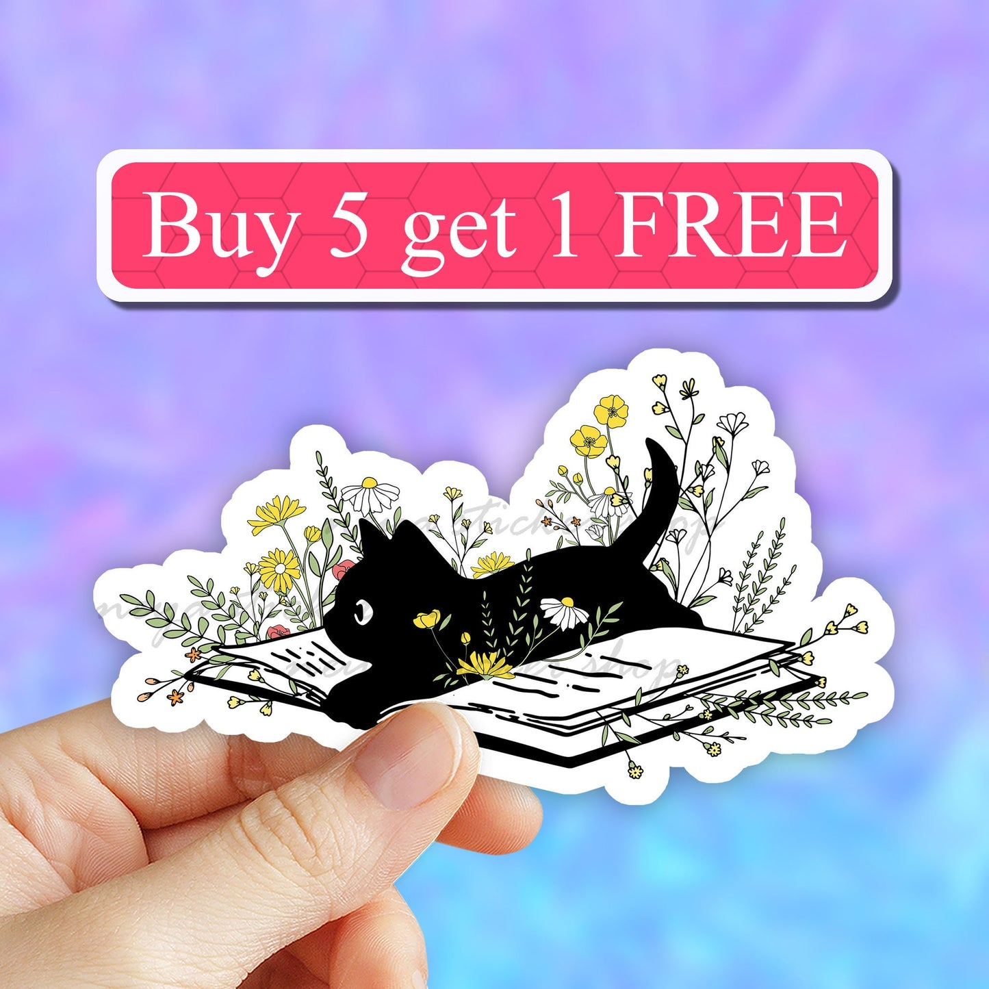 Flower book black cat Sticker, book Cat Mom Sticker, reading sticker, cat stickers, cat mama Laptop Stickers, Vinyl Decal, Water bottle