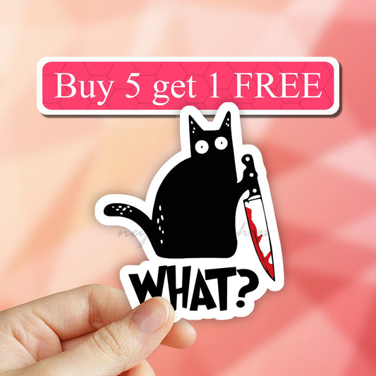 Black Cat What Murder Knife Vinyl Sticker, cat meme Sticker, Laptop Stickers, black cat sticker,  Water bottle stickers, Laptop decal