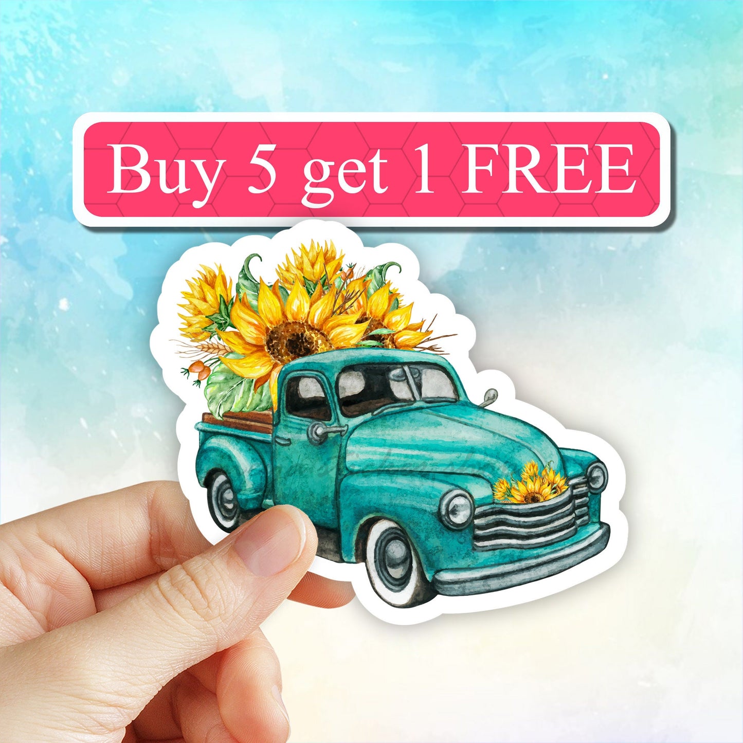 Floral Vintage truck with sunflower Stickers, Water bottle Stickers, Computer Stickers, Waterproof Sticker, Tumbler sticker, waterproof
