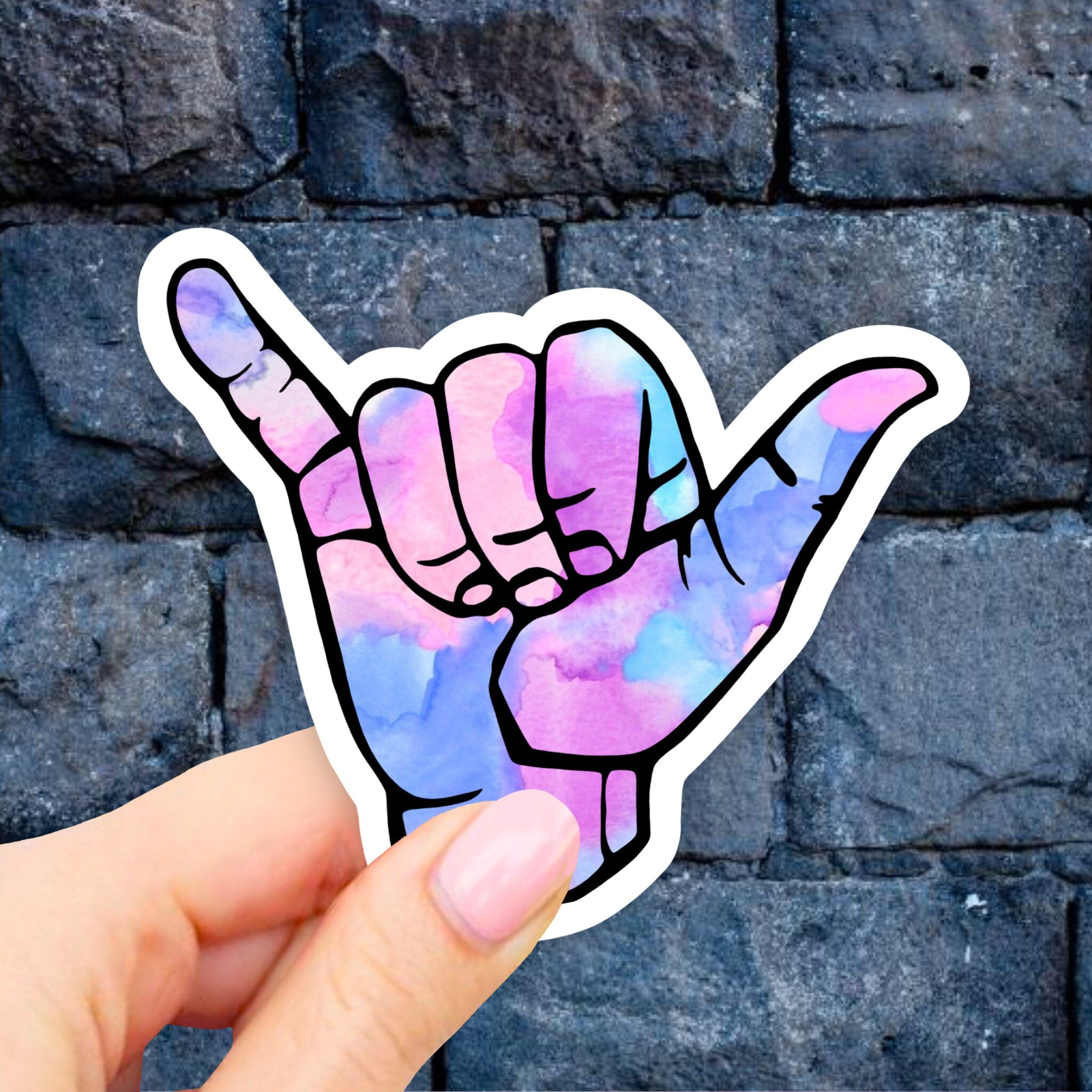 Watercolor Hang Loose Sticker, Shaka Hand Sign Vinyl Stickers, VSCO St ...