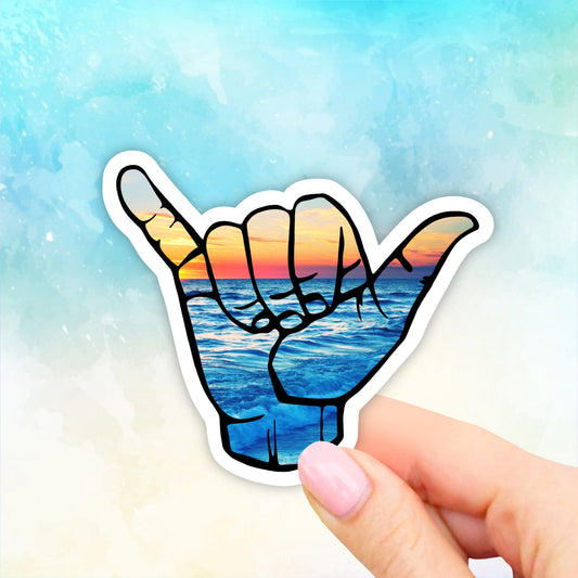 Sunset Beach Shaka Sticker, Hawaii Beach Hang Loose Sticker, VSCO Stickers, Wave Sticker, Aesthetic Stickers, Laptop, Waterbottle Stickers