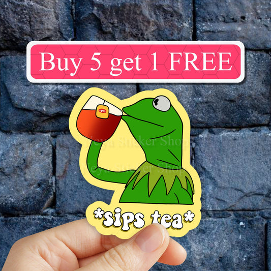 Sips tea frog Sticker, frog meme stickers, funny Laptop Stickers, funny meme decal, Vinyl Decal, Water bottle, Computer Stickers