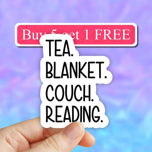 Tea blanket couch reading sticker, book nerd sticker, books laptop decals, bookworm tumbler stickers, books water bottle sticker, book water