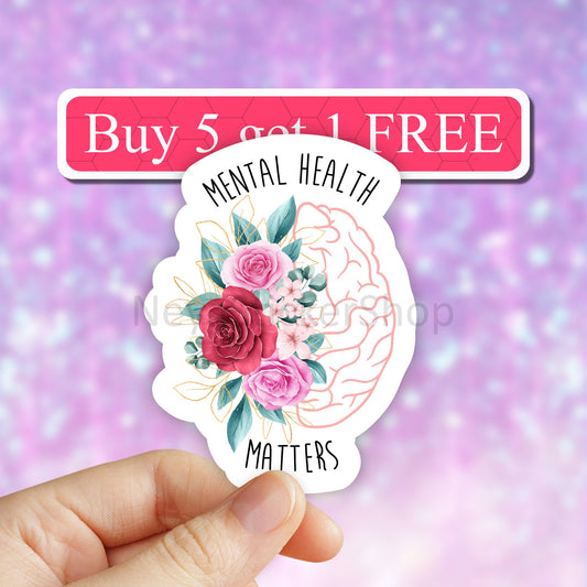 Floral brain Mental Health Matters Sticker, Mental Sticker, Science Sticker, Biology Sticker, nurse Stickers, Brain Sticker, body decal