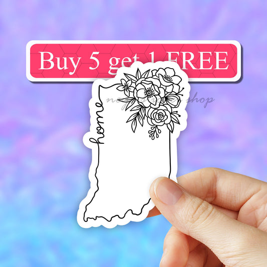 Indiana State Sticker, Floral States Map, water bottle stickers, state stickers, USA State Art, USA Map Car Decal, Laptop, waterproof
