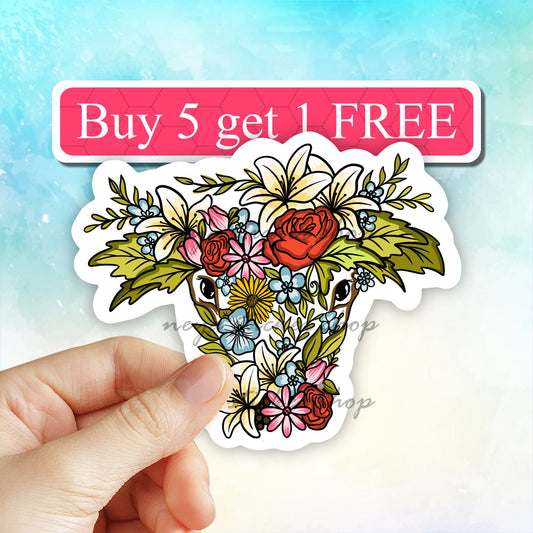 Flower cow head vinyl sticker, floral cow stickers, Highland Cow sticker, Farm Animals Stickers, not today Heifer sticker, laptop stickers