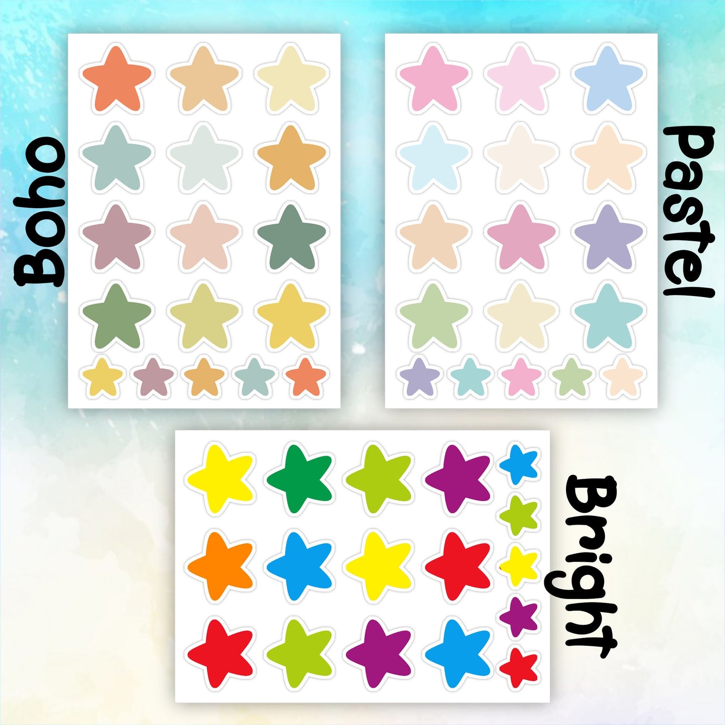 Mini Stars sticker pack, boho stars sticker, Pastel stars, Colorful stars water proof stickers, laptop stickers, computer stickers, colors