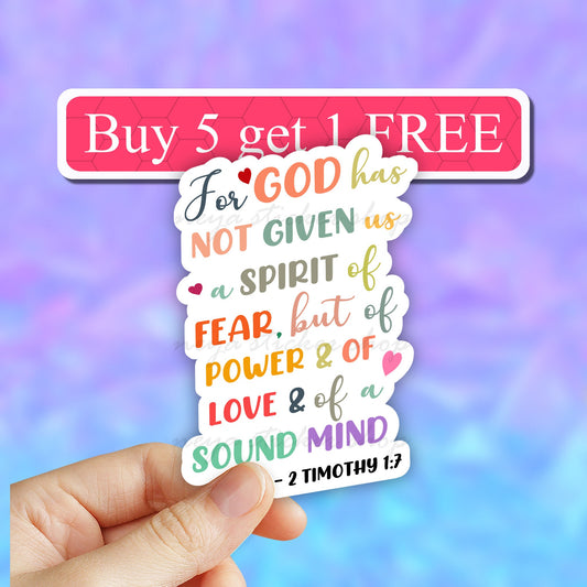 Timothy 1:7 Sticker, Faith stickers, Christian sticker,  Religious decals, Jesus, God, religion, bible verse sticker, quote stickers decal
