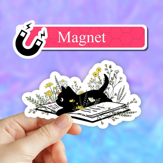 Flower book black cat Fridge magnet, book Cat Mom car magnet,  Cat magnet, Reading book Magnet, Book Magnet, Cat mama, Cat mom Fridge Magnet