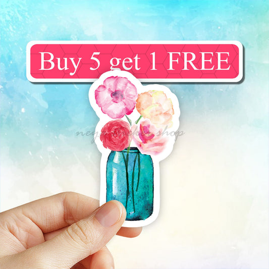 Mason Jar with Flowers Sticker, Plant Pot Sticker, Laptop Decal, Vinyl Stickers, Aesthetic, Water bottle Stickers, Computer, Waterproof