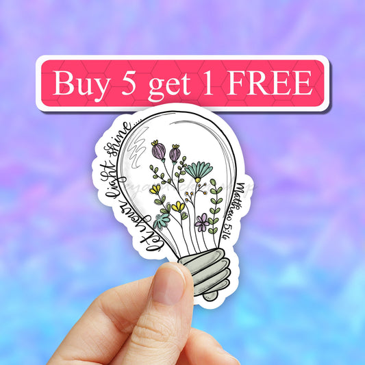 Christian Stickers, Let your light shine Floral bulb sticker, Jesus Decal, God Sticker, Religious Laptop Sticker, Car Decal, Waterproof